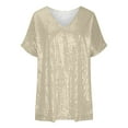 thumbnail image 4 of QATAINLAV Womens Fashion 2025 Glitter Sparkly Sequin Tops Going out Loose Pullover Shirts Solid Casual V Neck Blouse Short Sleeve Tees Shirt Beige XXL, 4 of 6