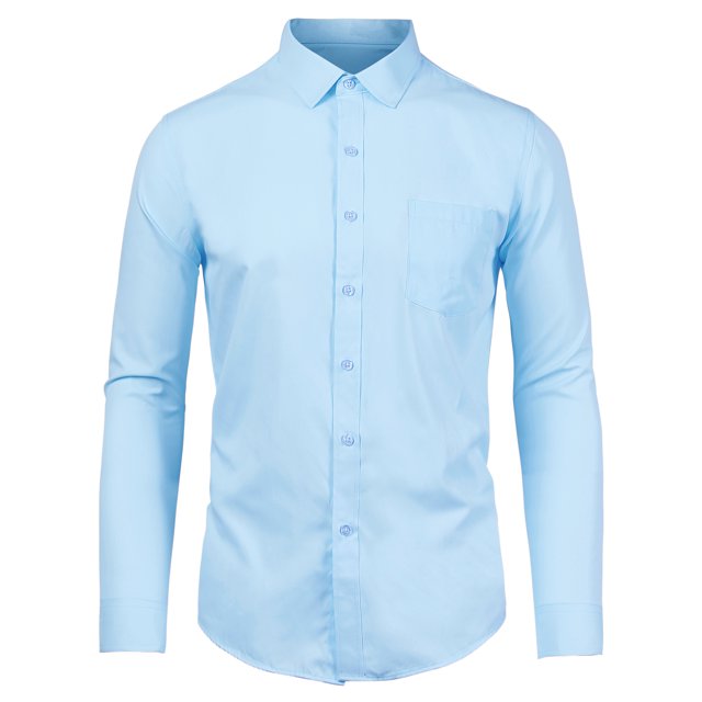 Camisa sólida de vestir para hombre Camisa de oficina de trabajo con botones de manga larga de ajuste regular Azul claro L