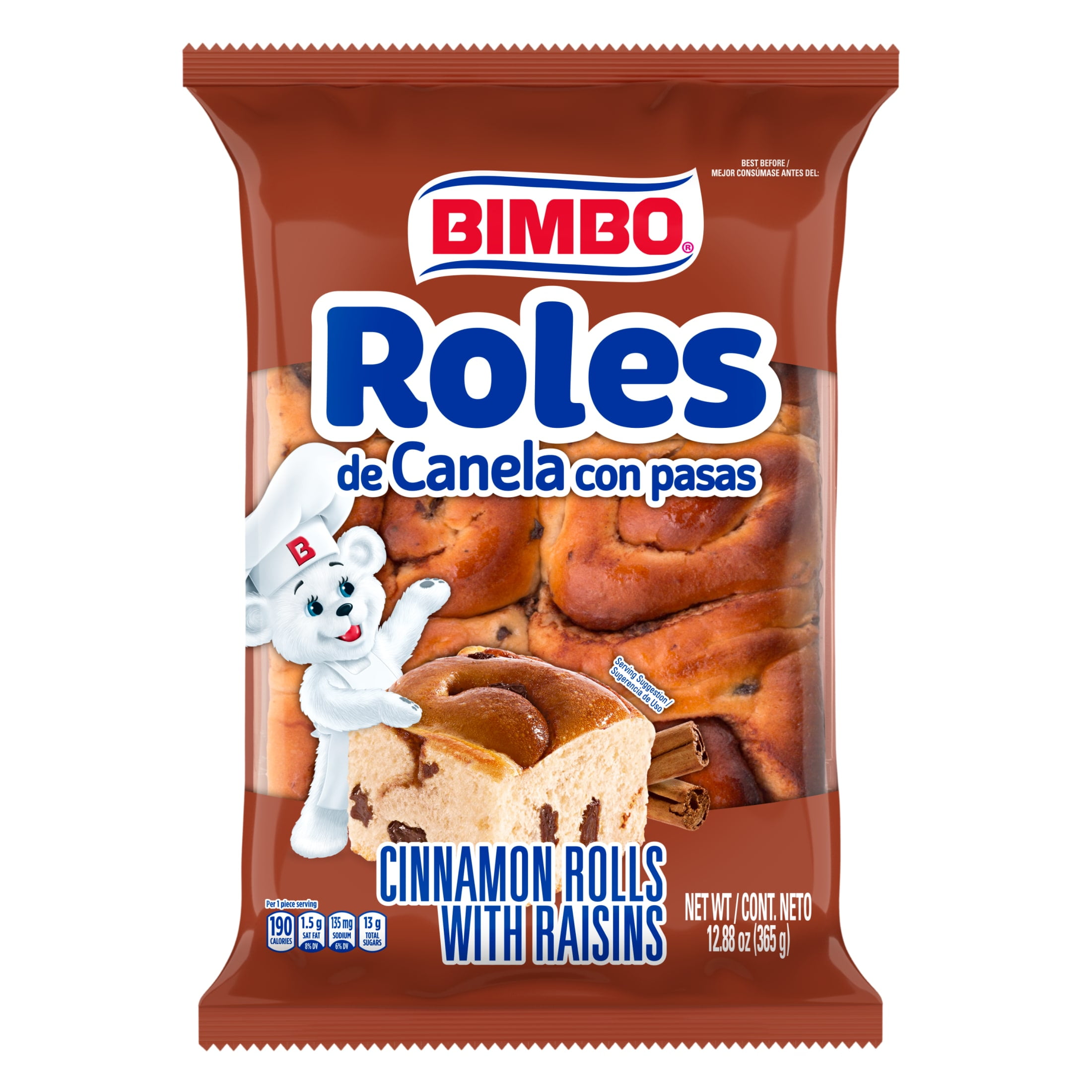 Bimbo Roles de Canela con Pasas Cinnamon Rolls with Raisins, 6 count, Pastries, 12.88 oz Bag