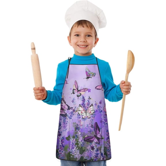 Purple Lavender Butterfly Scene Kids Aprons for Girls and Boys,Adjustable Neck Strap Toddler Aprons for Kids Cooking Baking
