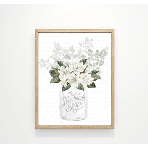 Magnolia Bouquet White Mason Jar Bathroom Or Kitchen Wall Art, Flower Floral Bath Room Handmade Decor Home Decor, 8x12 UNFRAMED