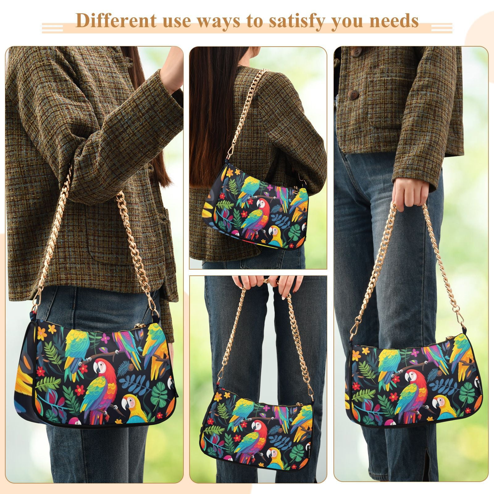 Birds Parrots Leaves FlowersWomen Small Shoulder Bag Crossbody Tote Hobo Bags Purse Clutch Handbags with Chain Strap for Women