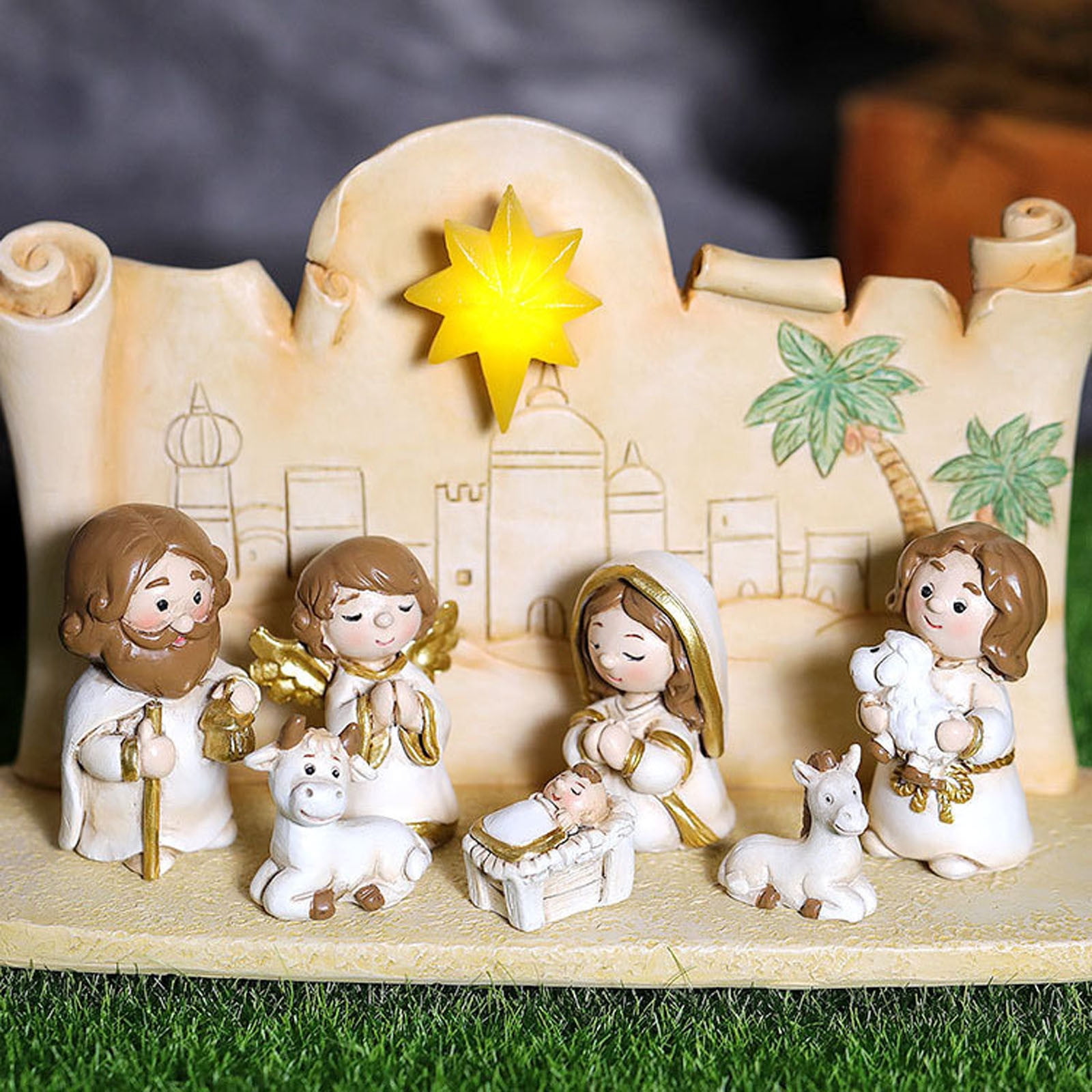 Leodye Mini Christmas Nativity Set,11 Pieces Little People Nativity Set,Christmas Decoration Miniature Nativity Set,Nativity Scene with Light 10 Rearrangeable Figurines Decor Tabletop Decor