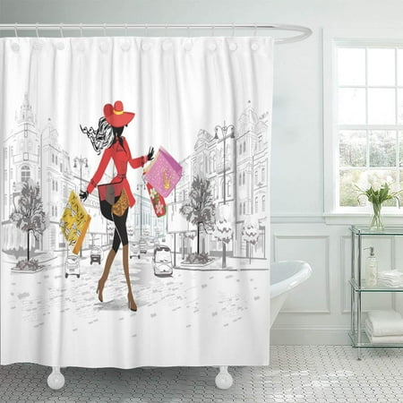 KSADK Paris Girl in Hat Shopping The Street Old City Lady Bistro Cafe Draw Dress Europe Facade Bathroom Shower Curtain 60x72 inch