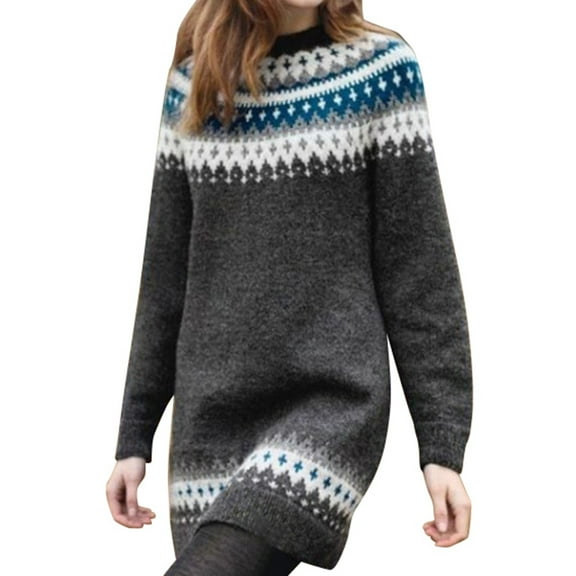 DHFJKG Sweater Dress For Women Fair Isle Knit Pullover Mini Dress Crewneck Long Sleeve Loose Fit Comfort Dresses