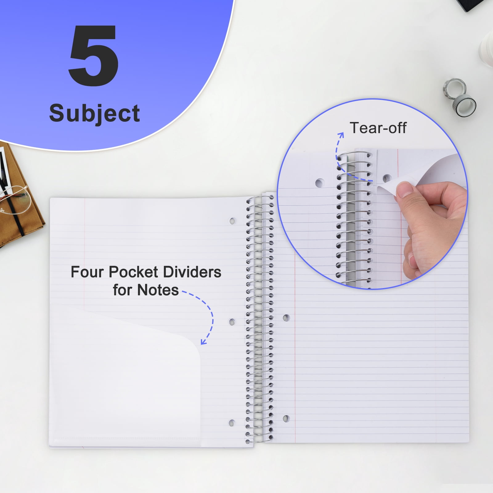 ViVin 5 Subject Notebook with Water Resistant Cover and 4 Removable Dividers, College Ruled, 200 Sheets, White, Red, Blue 3 Pack