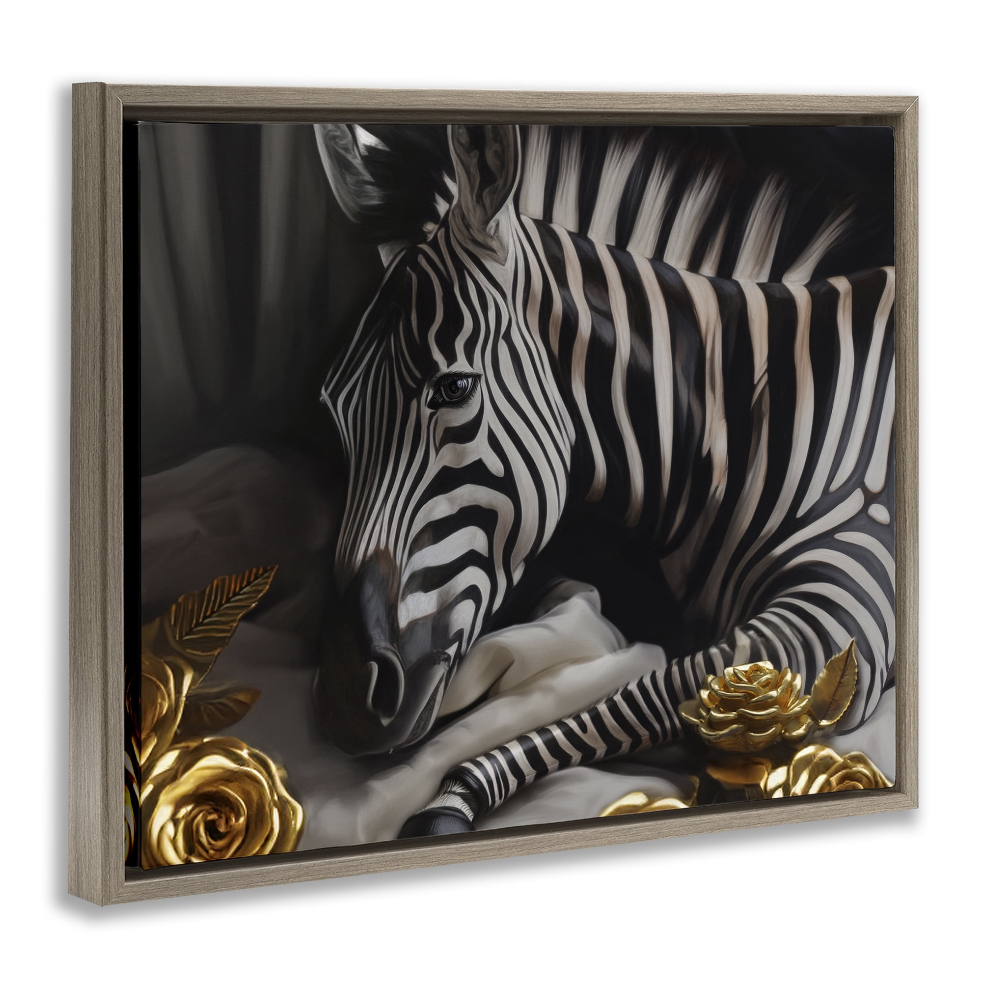 Stupell Industries Zebra with Gold Flowers Animals Painting Brown Floater Framed Canvas Art Print Wall Art, 31 x 25