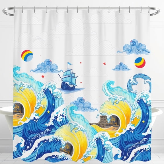Whimsical White Shower Curtain with Blue & Yellow Waves, Red Stars, Sailboat & Beach Balls - Playful Bathroom Decor