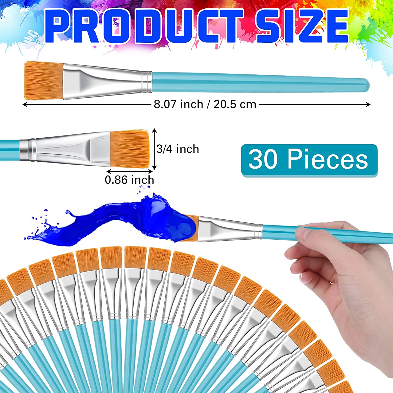 30 Pieces Paint Brushes Bulk Small Flat Top Paint Brush Acrylic Paint Brush  Oil Classroom Painting Brush for Kids Students Artists Mini Paint Brushes  Touch Up Crafts Detail Painting (Blue, 3/4 Inch) 