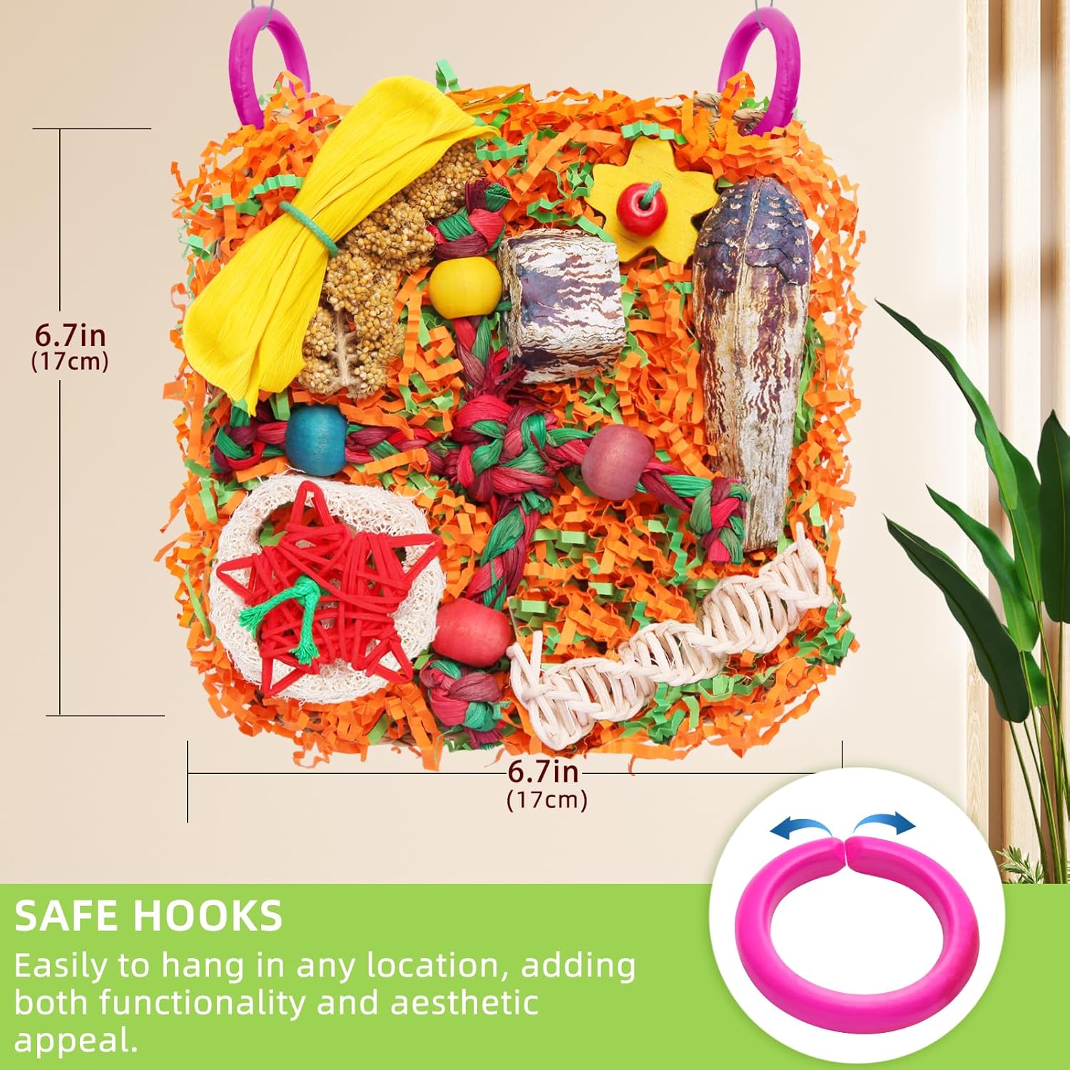 Bird Toys for Parrots - Natural Foraging & Shredding Cage Hanging Toys with Seagrass Mat, Starfruit, Loofah Slices