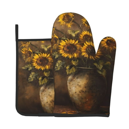 

Zeuib Rustic Sunflower Bouquet Print Oven Mitt & Pot Holder Set 2-Pack Kitchen Gloves and Hot Pads for Cooking BBQ Grilling Baking