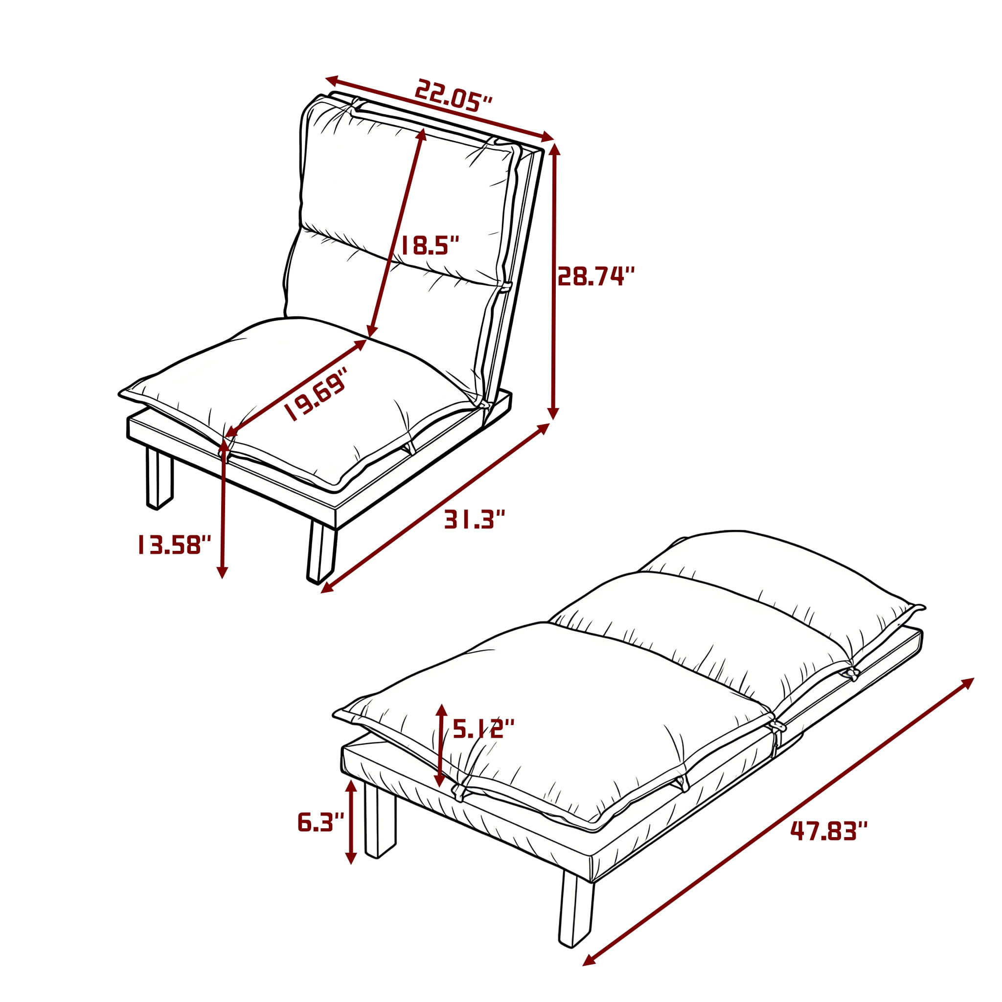 Gewnee Tatami Floor Recliner Chair - 5-Position Adjustable Lounge Chair with Solid Wood Frame,Linen Fabric & High-Density Sponge,Easy Assembly for Living Room,Bedroom,Game Room