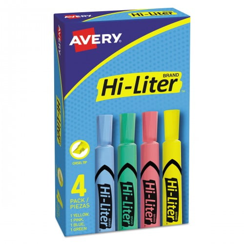New Avery HI-LITER Desk-Style Highlighters, Chisel Tip, Assorted Colors, 4/Set,Each