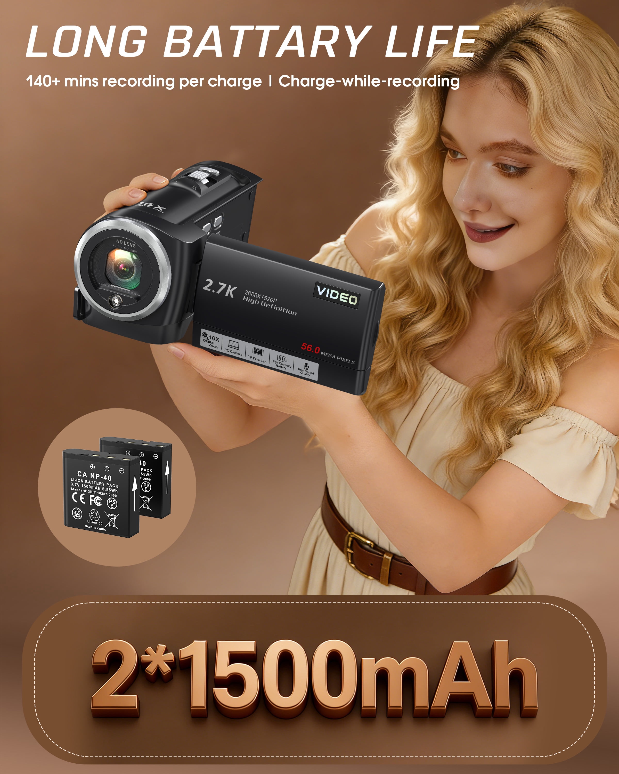 Video Camera 2.7K Camcorder 56MP 16X Zoom Vlogging Camera for YouTube