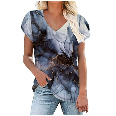 WXLWZYWL Womens Summer Tops 2023 Clearance Print V-Neck T-Shirt Short Sleeve Casual Blouse Gray