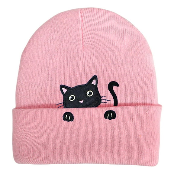 AWZXDE Hats For Women Embroidered Cat Animal Design Knitted Beanie Cute Cat Pattern Casual Winter Warm Cap Pink