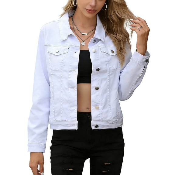 PBFRDSJ Women's Jean Jacket Classic White Basic Denim Jacket Button Down Lightweight Minimalist Long Sleeve Coat for Office Business Work