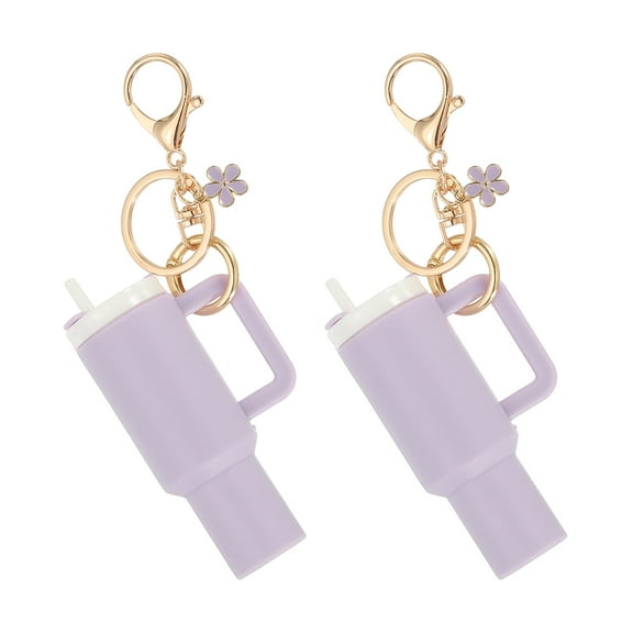 Uxcell Mini Cup Keychain, 2Pcs Mini Tumbler Keychain Lip Balm Holder Cute Cup Charm for Women Handbags Backpack, Light Purple Flower