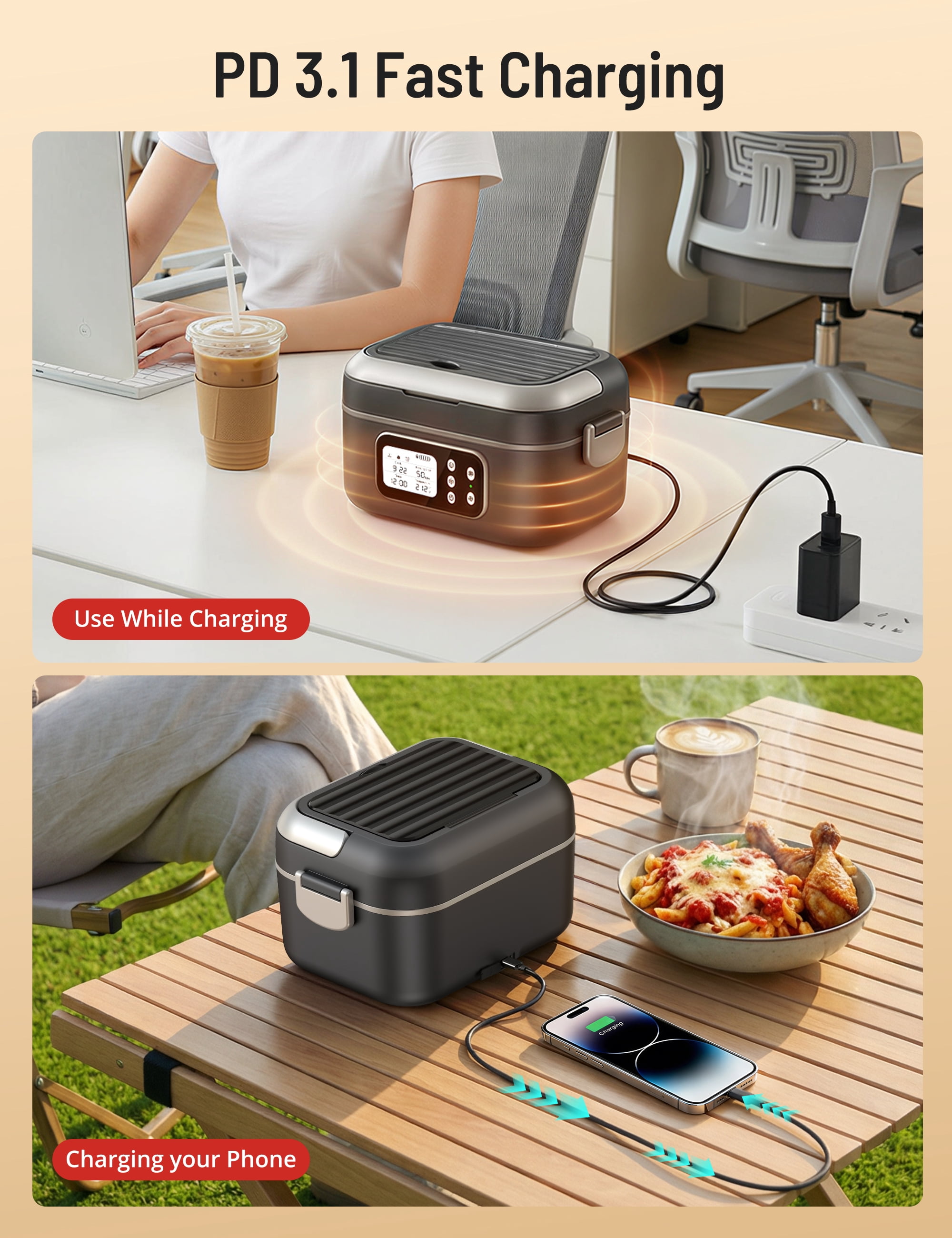 Cordless Electric Lunch Box for Adults,1.5L & 27000mAh Heated Lunch Box Battery Powered with Automatic Heating, 6 Cups Portable Food Warmer with Removable Tray Divider