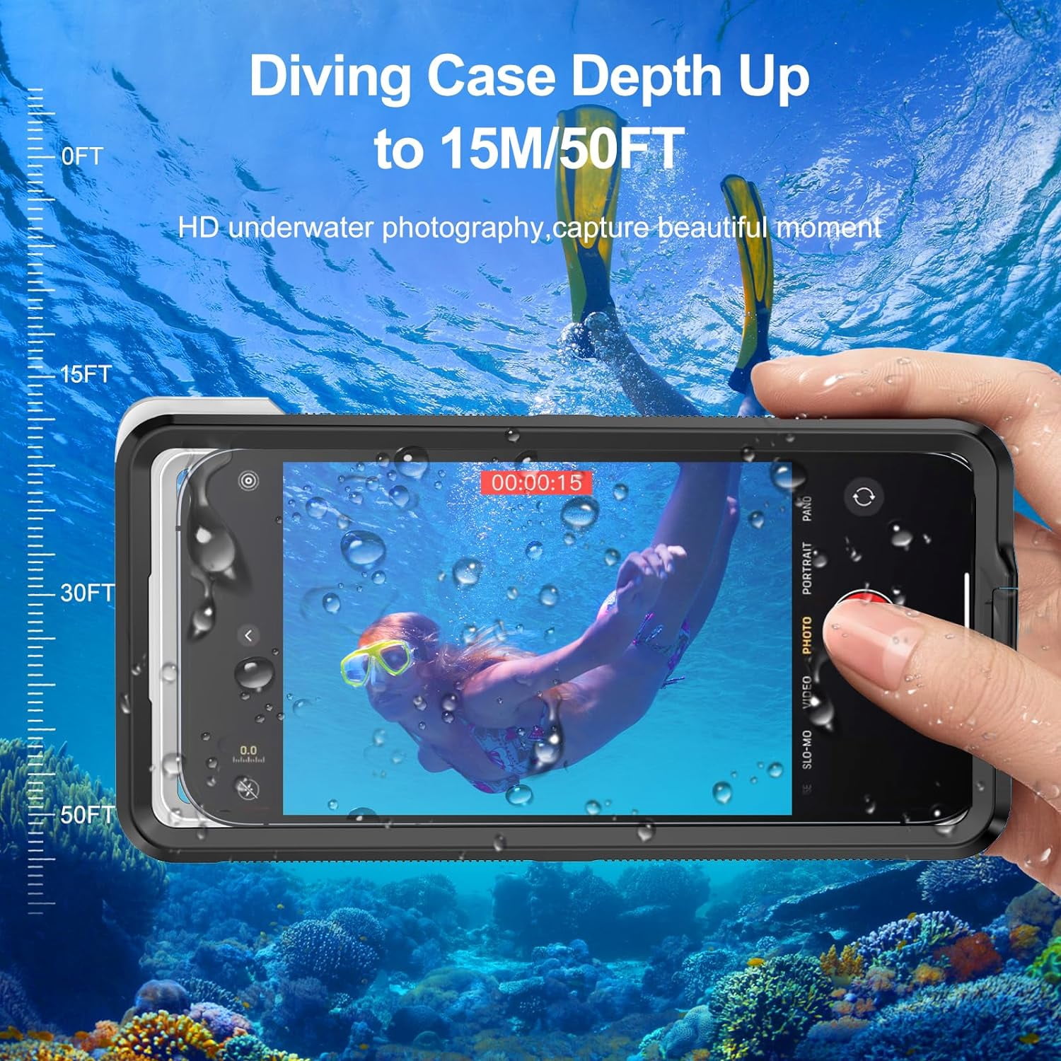KOMI Waterproof Phone Case, Underwater Snorkeling Diving Phone Case, Universal Self-Check Water Proof Pouch Dry Bag Up to 6.9 Inch for iPhone 15/14/13/12/11/Samsung S24/S23/Google Series - Black