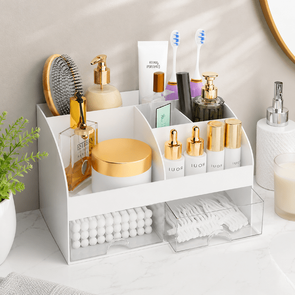 Makeup Organizer ABS Plastic White 6 Sections 2 Drawers Cosmetic Storage Vanity Bathroom Countertop