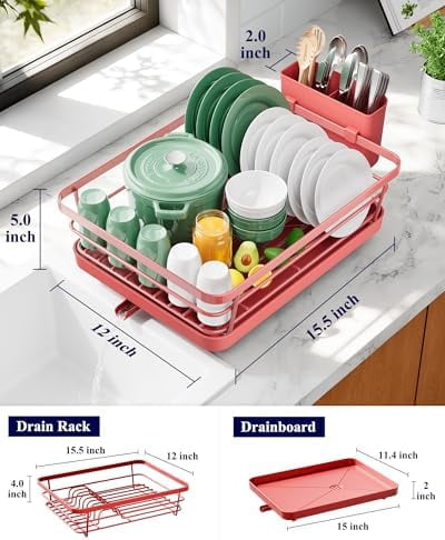 Dish Drying Rack for Kitchen Counter, Stainless Steel Sink Organization and Storage Essentials with Cutlery Holder, Home and Appartment Decor, 12''W x 15.5''L, Red