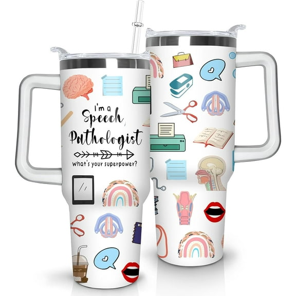 Speech Therapy 40 oz Tumbler with Handle SLP Travel Coffee Mug Cup Speech Language Pathology Tumblers with Lid and Straw Stainless Steel Insulated Speech Pathologist Therapist Gifts