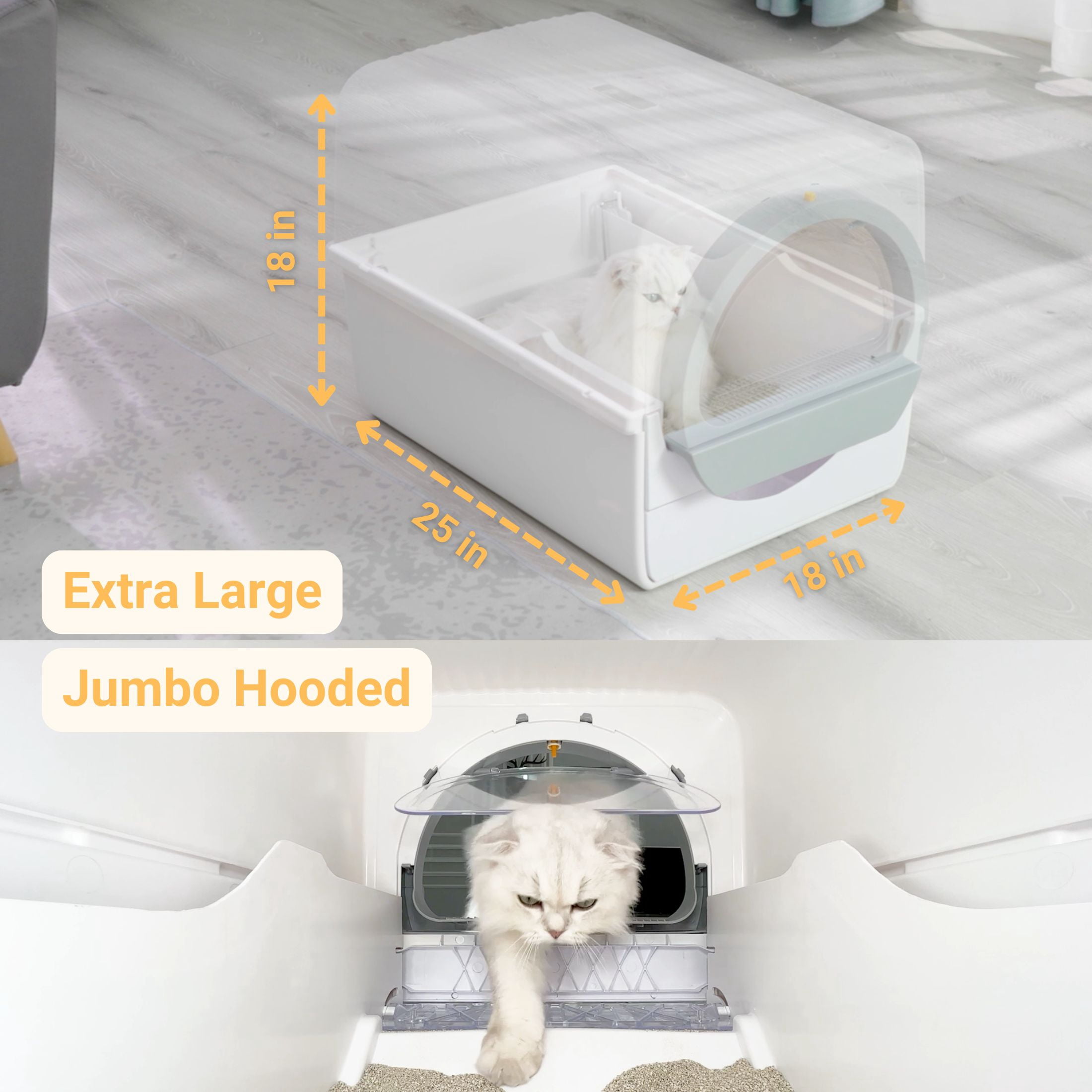 Pull-Push Mechanical Self-Cleaning Functional Extra Large Cat Litter Box with Waste Receptacles, Jumbo Hooded,White