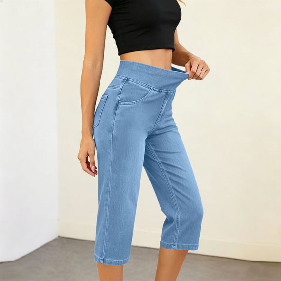 LEKWK Plus Size Capri Jeans for Women High Waist Stretch Casual Denim Pants Comfy Pull On Capris with Pockets Y2K Fall Fashion Streetwear Clothes