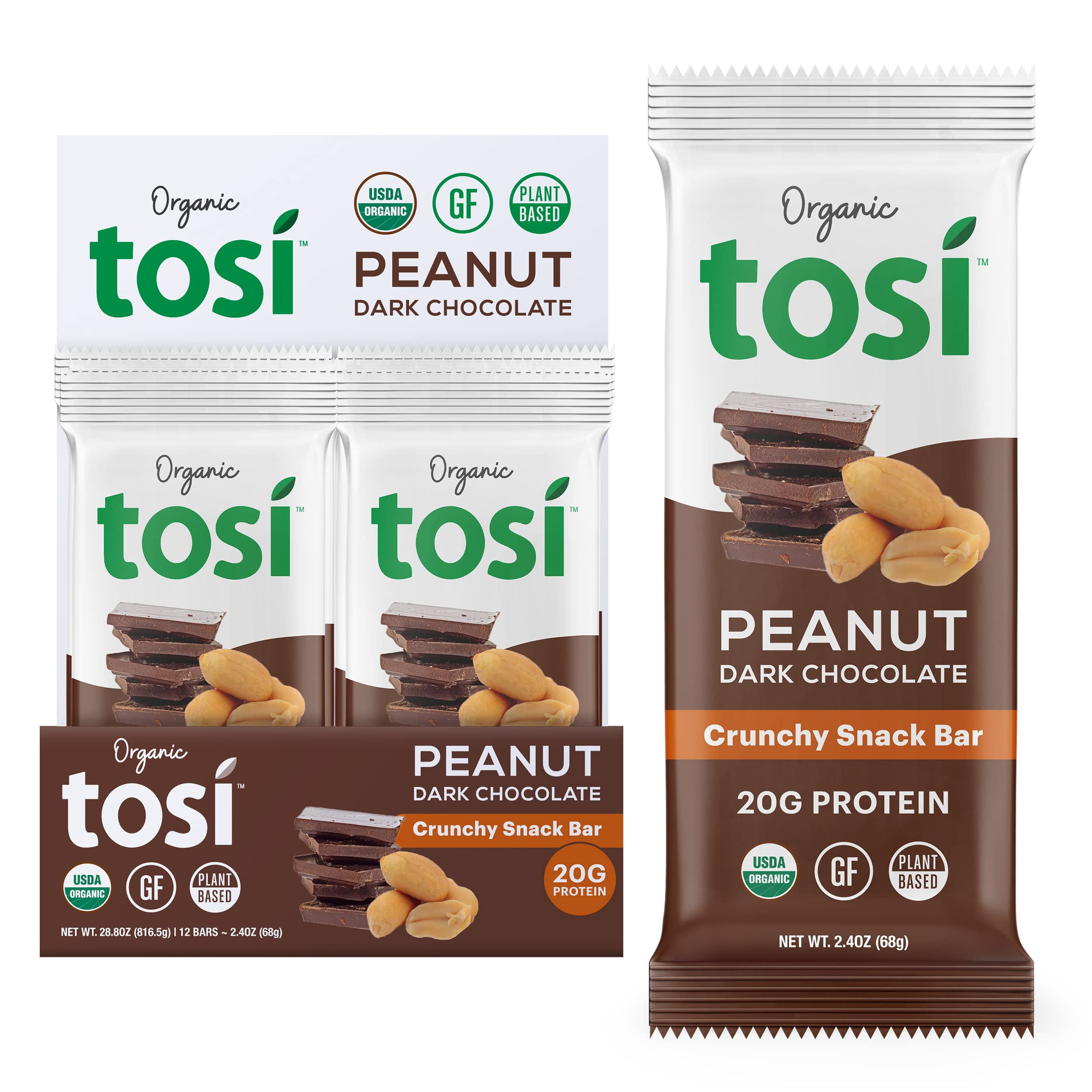 Tosi Plant Based Protein Bars, 20G Protein (Pack of 12, 2.4oz Bars