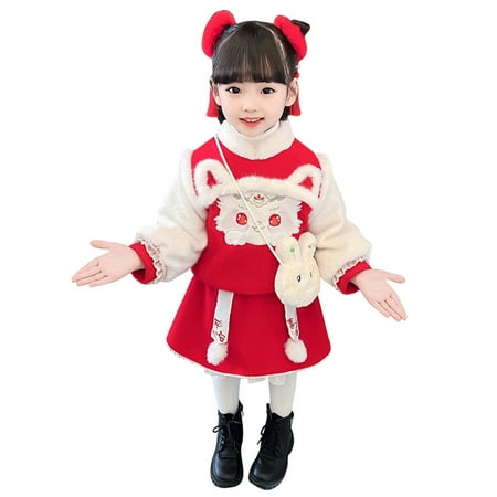

baby girl clothes Kids Baby Children Hanfu Winter Bunny Coat Jacket Skirts Set For Chinese New Year Warm Tang Suit With Bag Performance s