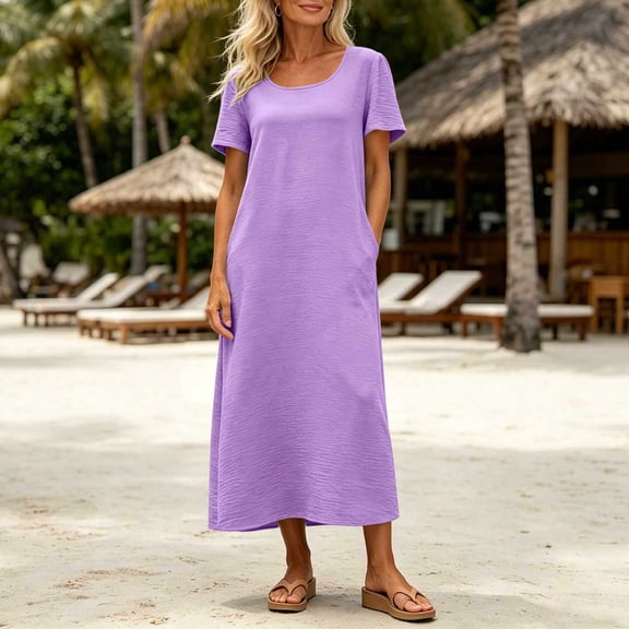 Karymi T-Shirt Maxi Dress, Round Neck Short Sleeve Loose Shift Dress with Pockets, Solid Summer Flowy Beach Vacation Dress Womens Dresses