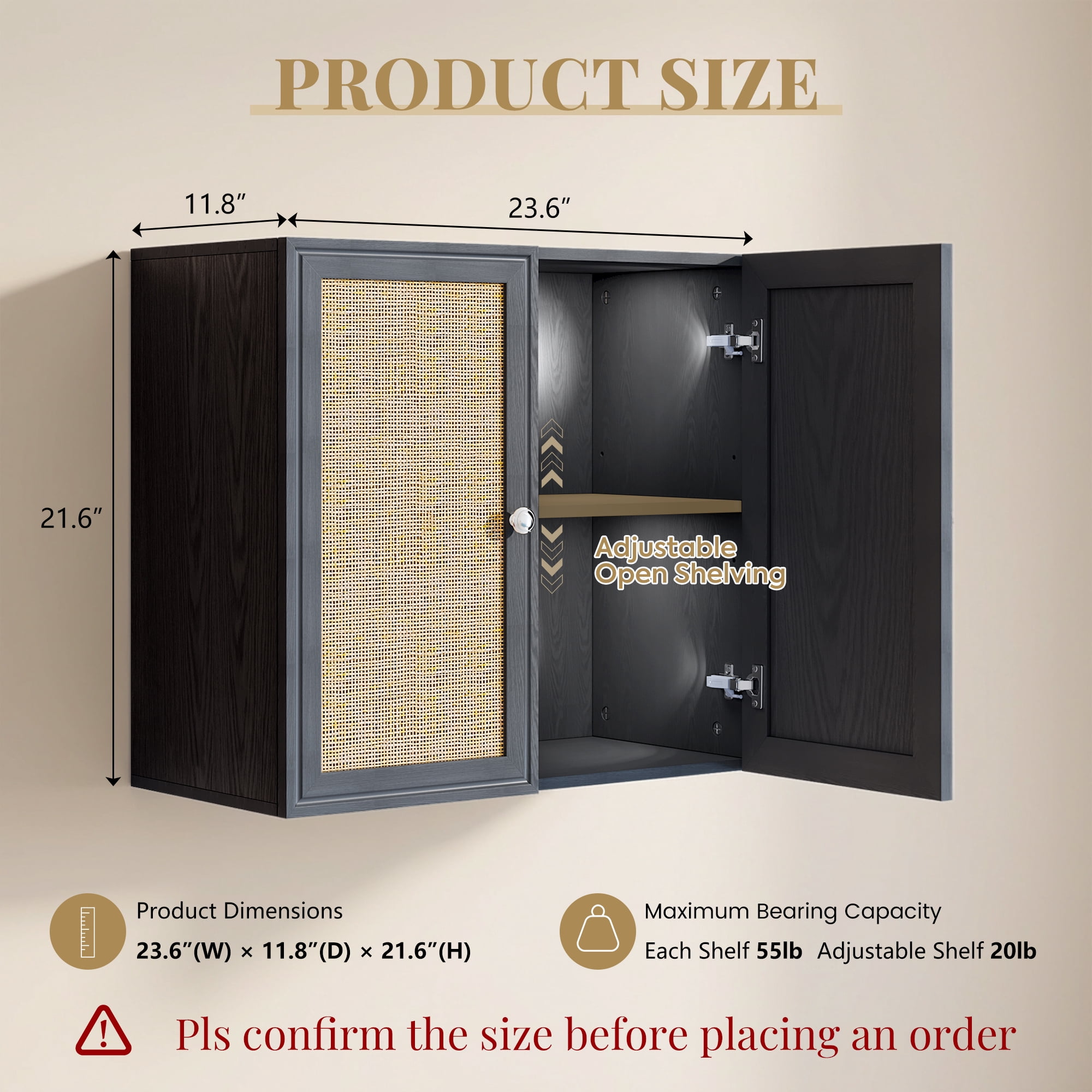 Rattan Laundry Room Cabinets, Bathroom Cabinets Wall Mounted with Adjustable Shelves