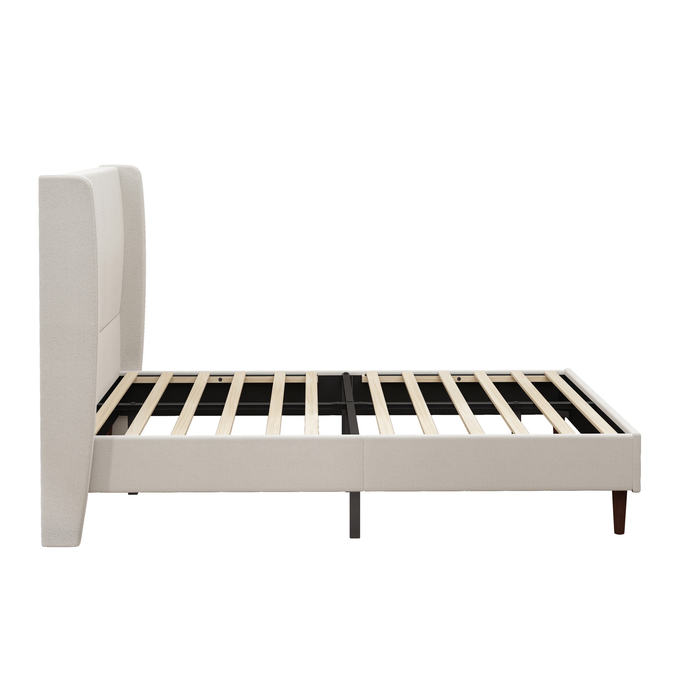 Ember Queen Size Platform Bed Frame with Chenille Upholstered Headboard, No Box Spring Needed, Beige
