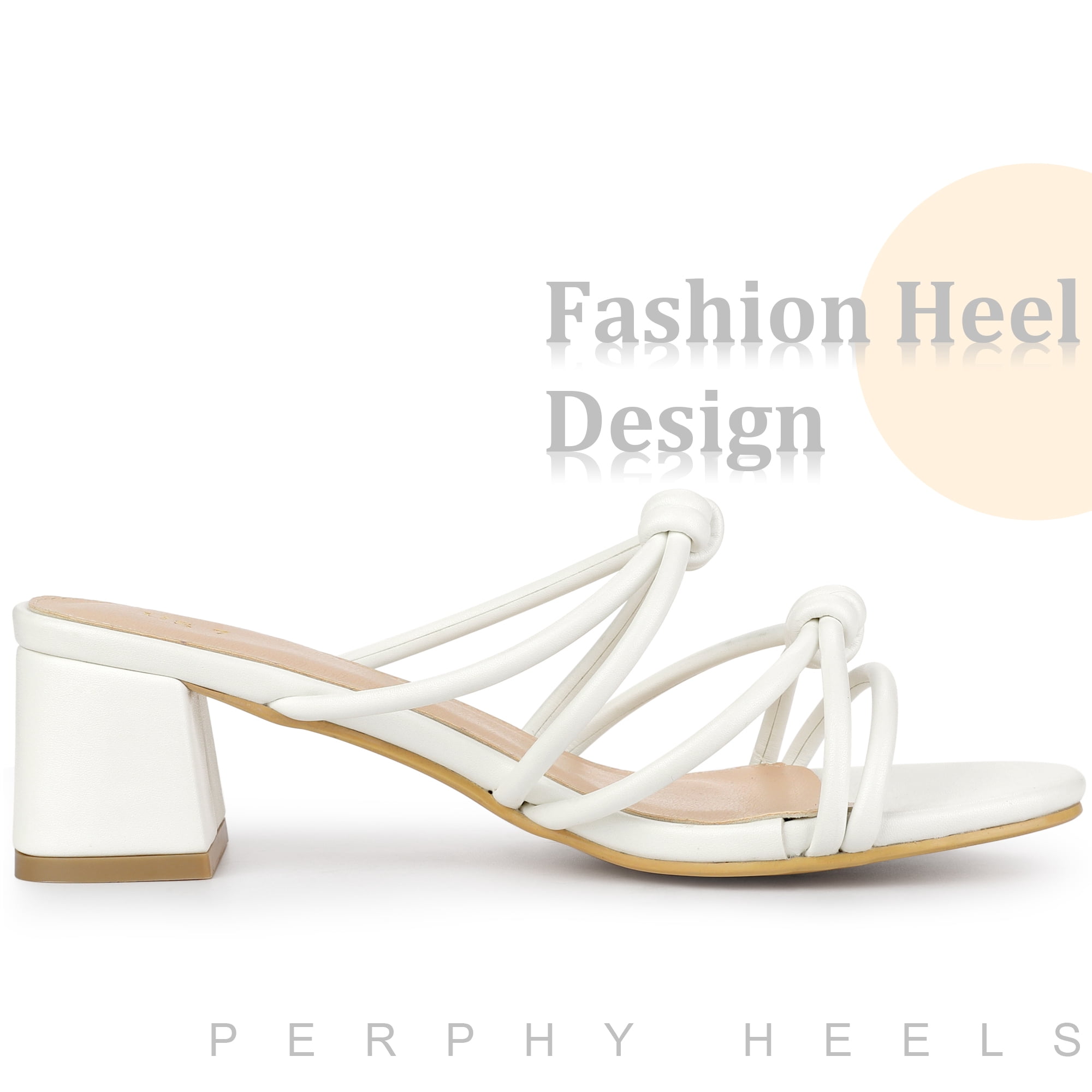 DARING DIVA Women's Strappy Knotted Block Heel Black Heels Slides Sandals White 8
