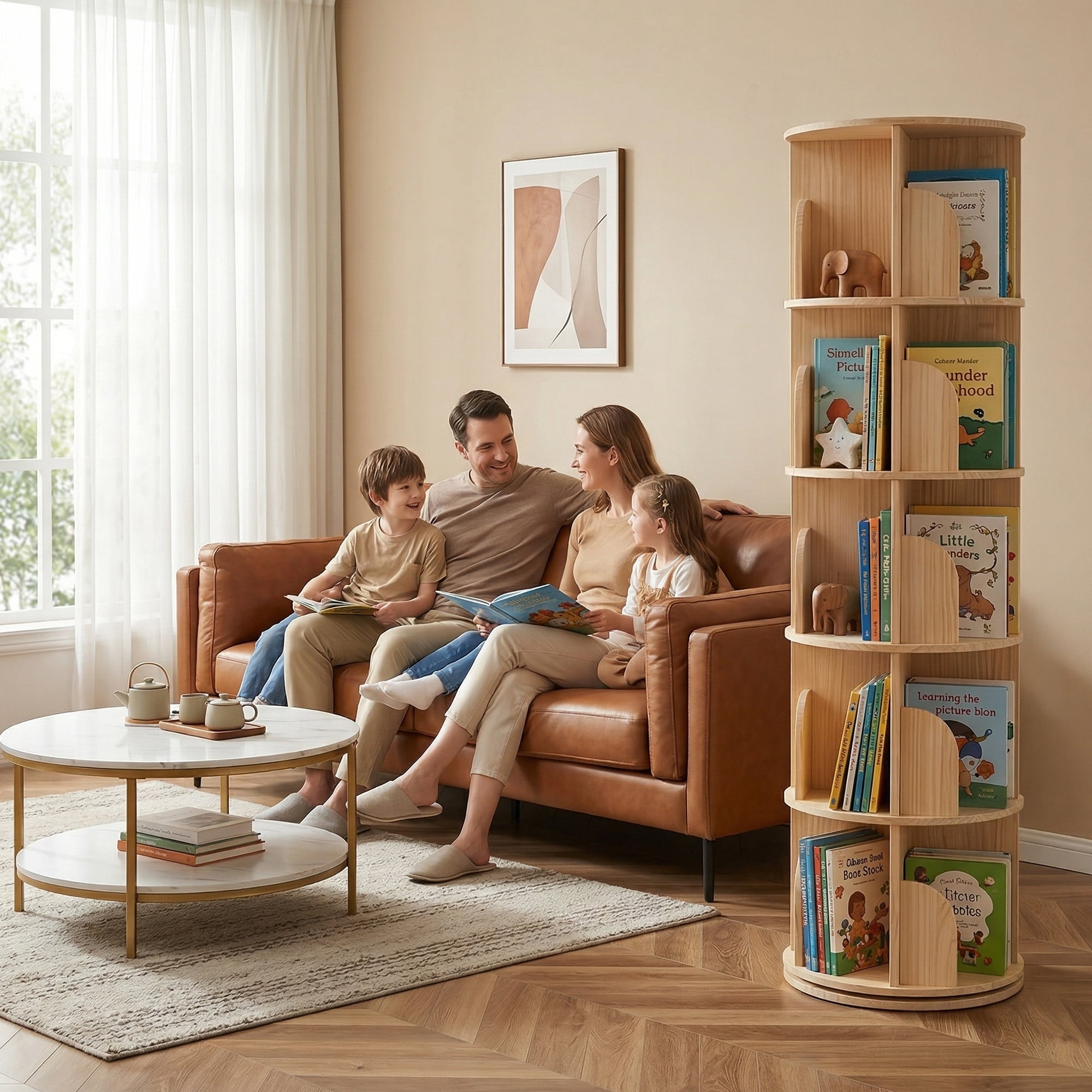 5 Tier Rotating Bookshelf, Tall Round Floor Standing Bookcase with 360° Spinning Design, Wooden Storage Display Shelf for Bedroom, Living Room, Home Office, Natural