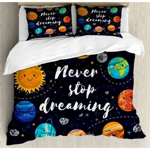 Saying Duvet Cover Set, Outer Space Planets Star Cluster Solar System Moon Comets Sun Cosmos Illustration, Decorative 3 Piece Bedding Set with 2 Pillow Shams, Queen Size, Navy Orange, by Ambesonne