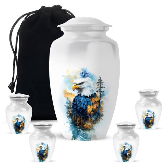 JAGASY Eagle Memorial Urns Set for Mom & Dad - White Small Urns for Human Ashes Keepsake - Tree Funeral Urn for Ashes Adult Male - Sky Blue Large Urn for Mother - (1 Large, 10", 4 Small, 3")