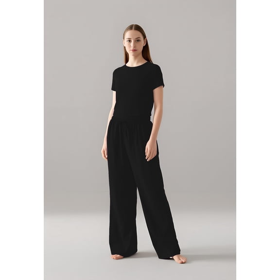 Cherryloom Women’s Two-Piece Pajama Set – Fitted Tee & Drawstring Lounge Pants with Side Pockets, Soft Modal-Cotton Blend in Black