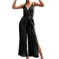 thumbnail image 4 of aidice Dressy Jumpsuits for Women Office V Neck Adjustable Strap Belt Ruched Side Split Wide Leg Pants Rompers, 4 of 9