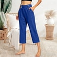 thumbnail image 4 of Nhthy Women's High Waist Linen Blend 7/8 Capri Pants, Elastic Waist Button Detail, Loose Comfort Fit Casual Cropped Trousers for Summer Beach Daily Blue M, 4 of 7