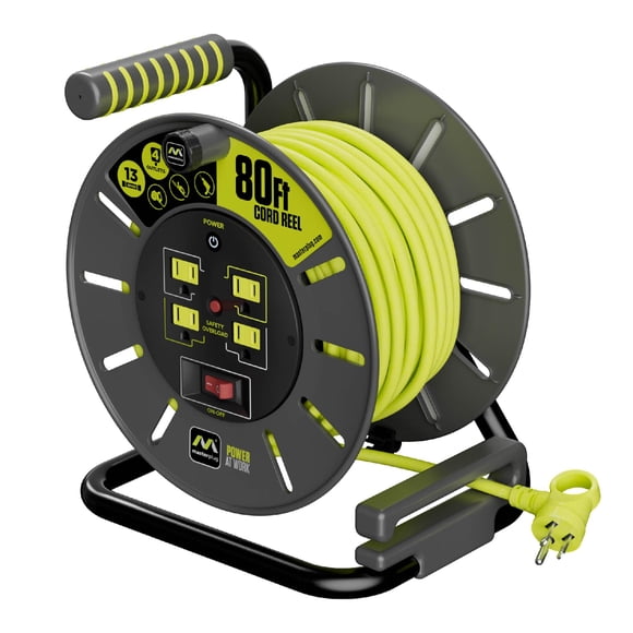 Cable Reel Masterplug, extensión retráctil de 80 pies, 4 salidas