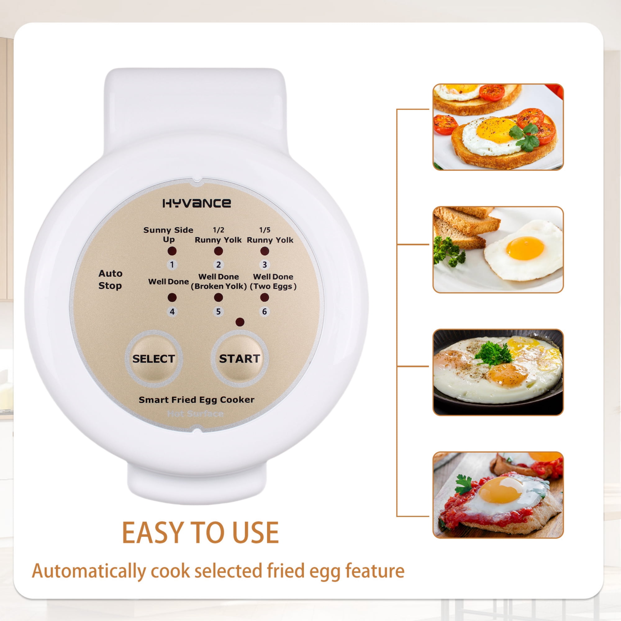 Hyvance Smart Fried Egg Cooker, Automatic Fried Egg Maker for 6 Features like Sunny Side Up, Over Easy, Fully Cooked & More. Auto Power Off, Alarm, Round Shape, Non Stick Coating (White)
