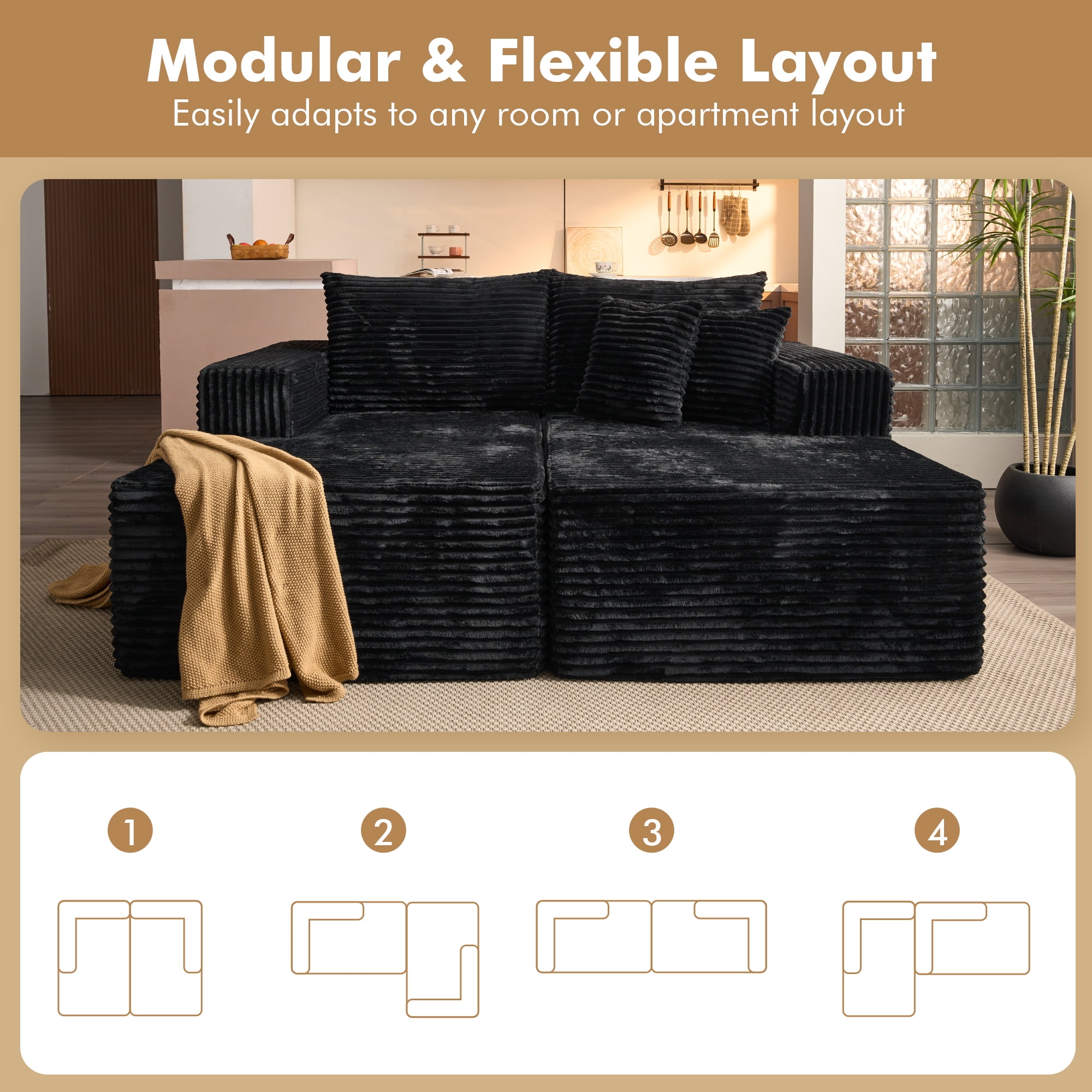 XIZZI Oversized Chaise Lounge Chair Indoor Double, Modular Sectional Sofa with Plush Corduroy, Sleeper Sofa Boneless Couch for Living Room Bedroom, No Assembly Required, Black