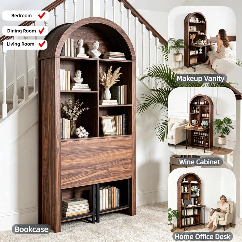 Folding Desk with Storage Cabinet,Convertible Hideaway Desk to Bookshelf, Space-Saving Wall Mount Table for Home Office, Craft, Vanity, Small Spaces