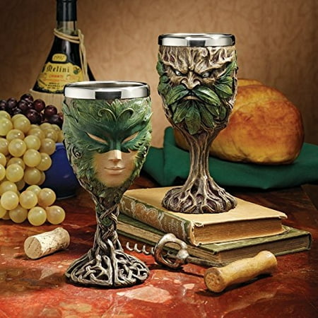 Rustic Woods Willow Forest Spirit Greenman And Green Lady Wine Goblet Chalice Set of Two Kitchen Home Decor Figurine For Housewarming