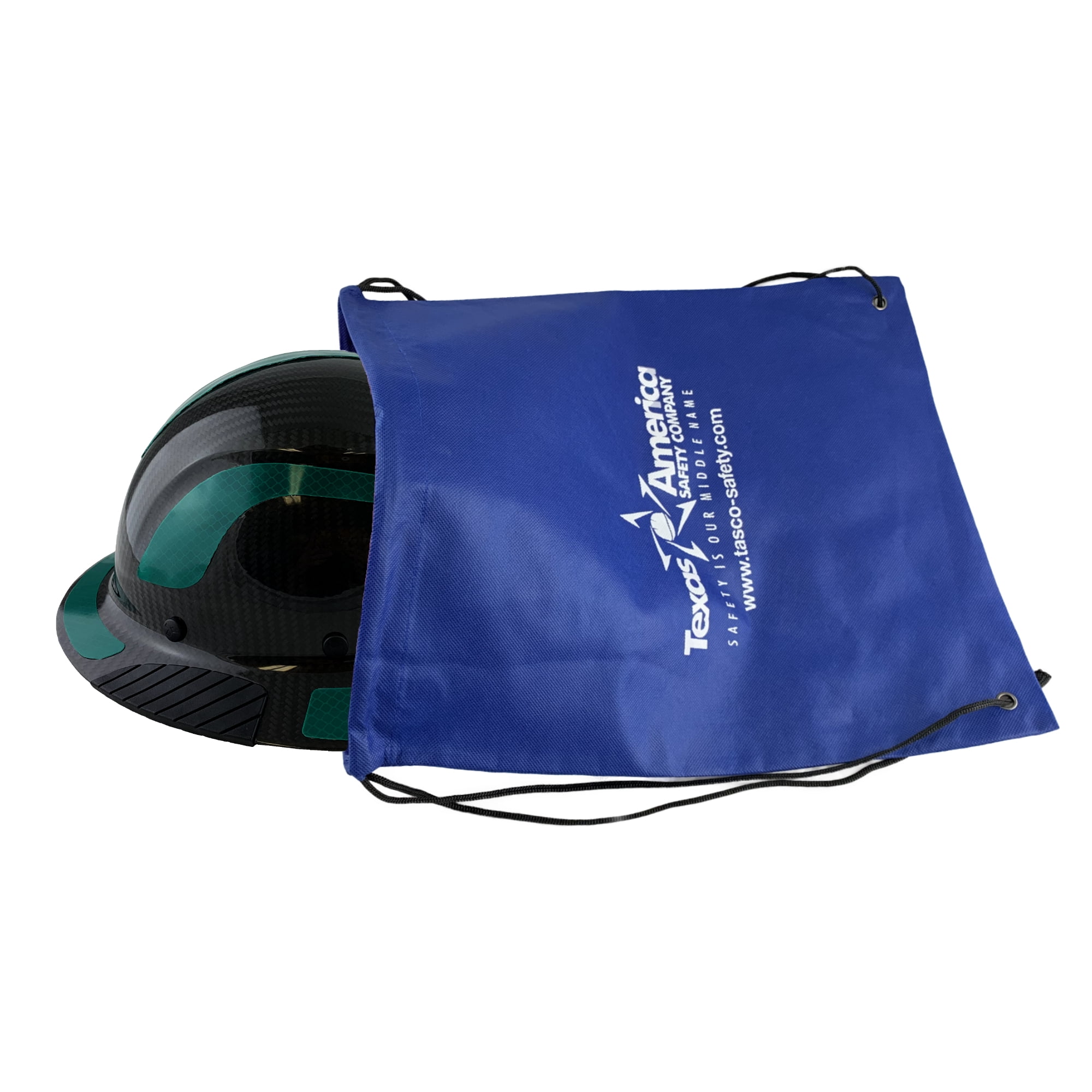 Lift Safety Helmet -  Actual Carbon Fiber Full Brim Hard Hat - Glossy Black with Green Reflective Decals with Hard Hat Tote Bag