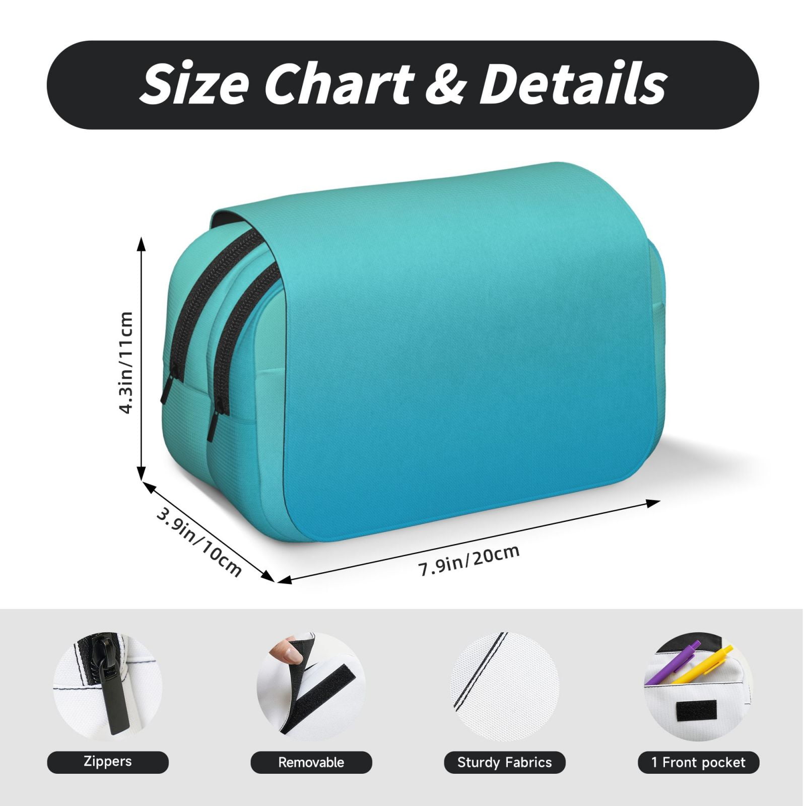 Rateoe Teal Turquoise Pattern Double Clamshell Pen Case, Storage Organizer with Two Zipper Compartments– Holds Up to 50 Pencils & Pens