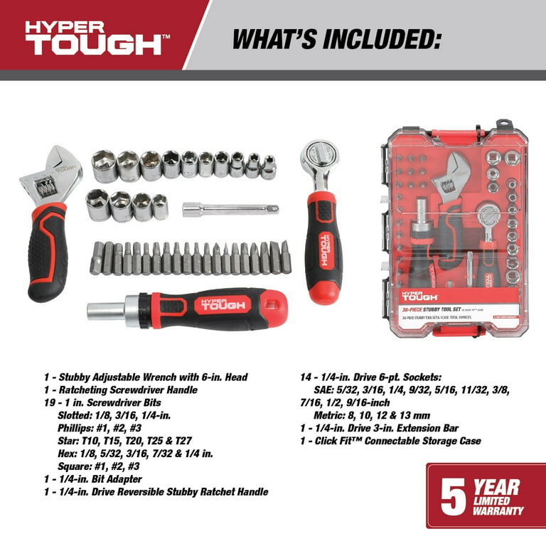 Hyper Tough 38-Piece Stubby Tool Set in Click Fit™ Case - Walmart.com