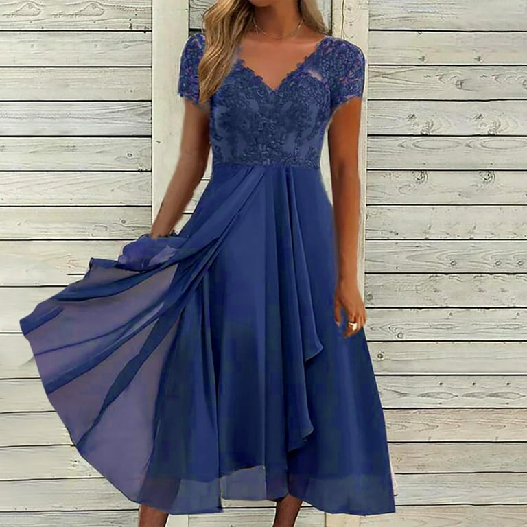 YanHoo Summer Dresses for Women 2024 Elegant Short Sleeve V Neck Flowy Dress for Wedding Guest Chiffon Dresses Clearance Sales Today Deals Prime Women s Clothing Walmart